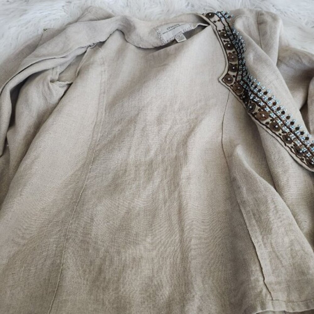 Chicos Jacket Women's 2 L 12 Embellished 100% Linen 3/4 Sleeves Tan Boho Casual - Picture 6 of 15